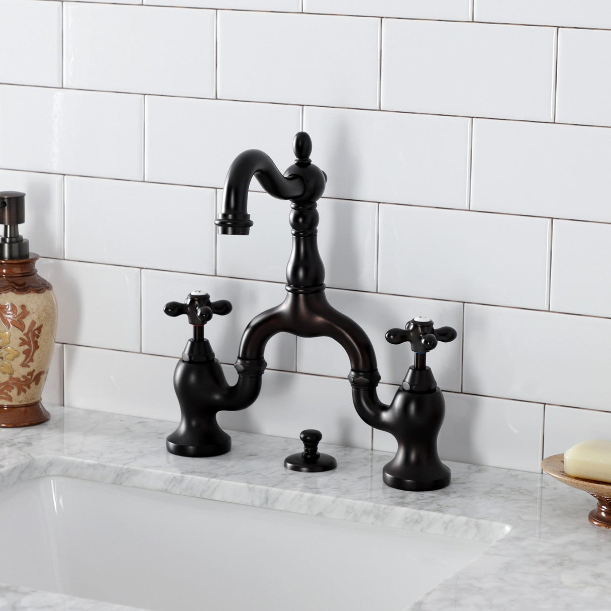 English Country KS7975AX Two-Handle 3-Hole Deck Mount Bridge Bathroom Faucet with Brass Pop-Up, Oil Rubbed Bronze
