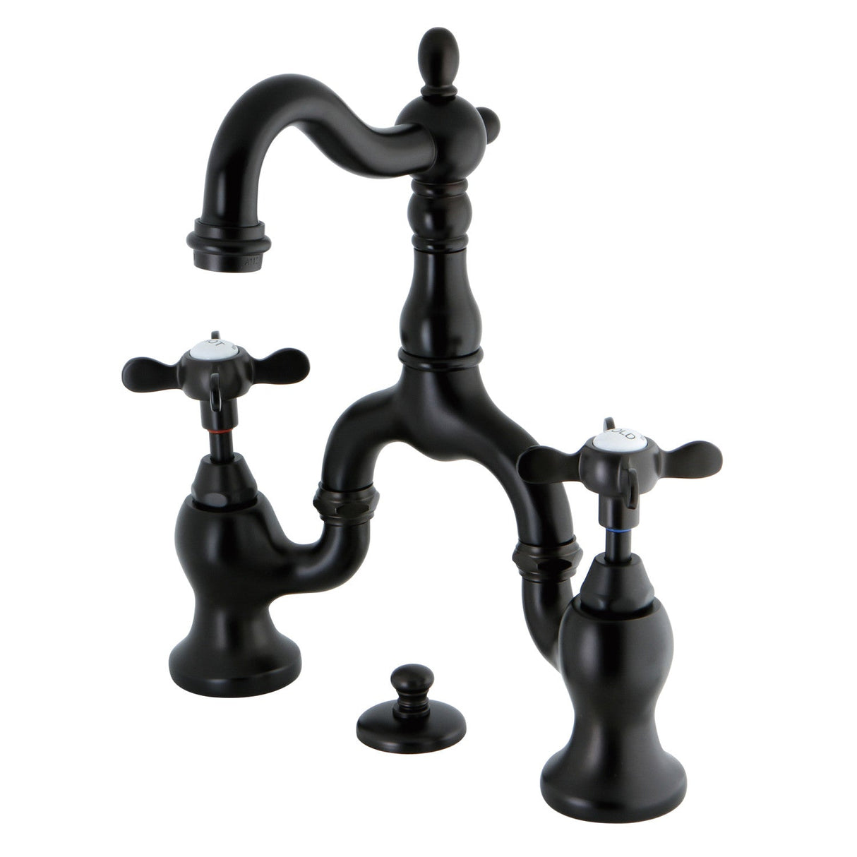 Essex KS7975BEX Two-Handle 3-Hole Deck Mount Bridge Bathroom Faucet with Brass Pop-Up, Oil Rubbed Bronze
