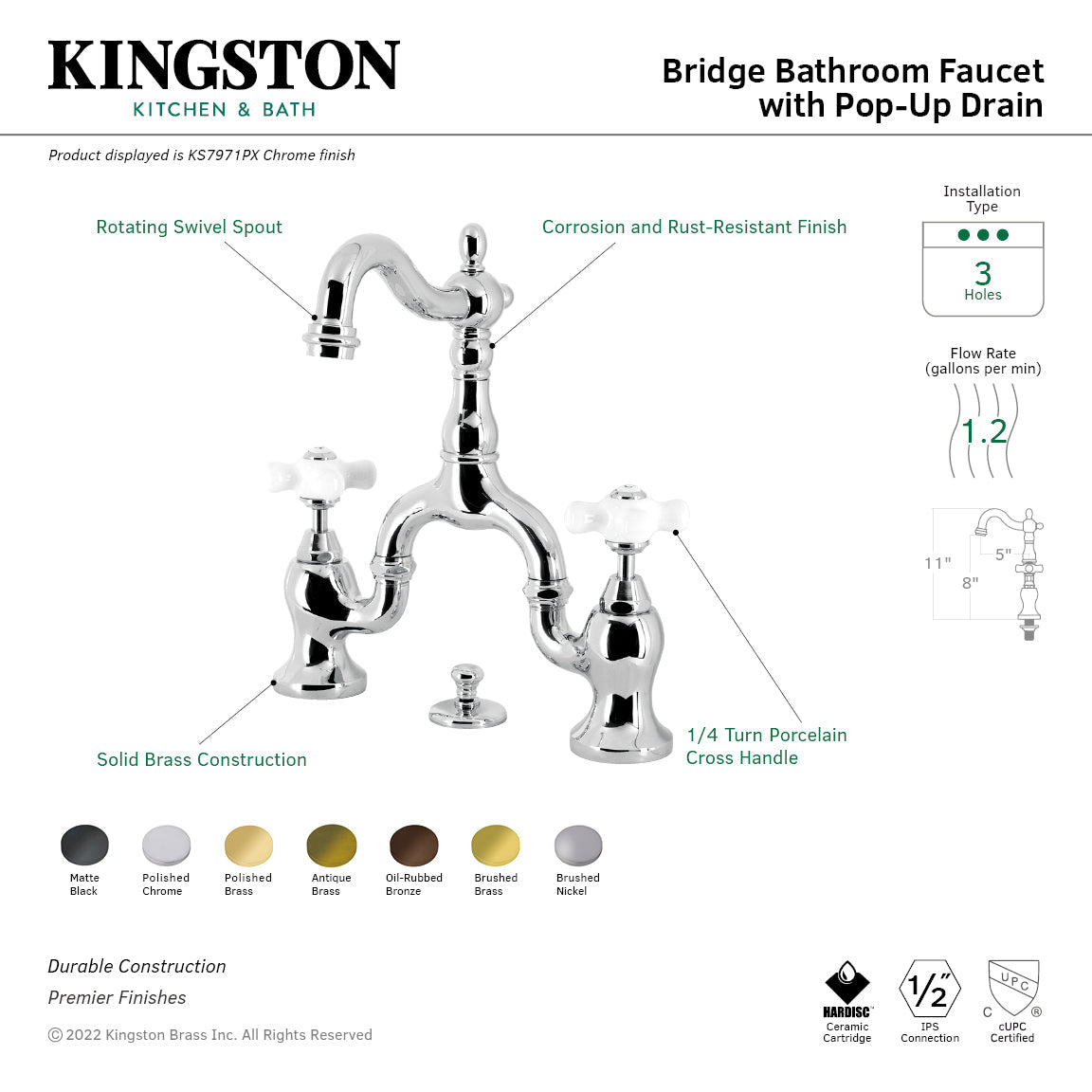 English Country KS7975PX Two-Handle 3-Hole Deck Mount Bridge Bathroom Faucet with Brass Pop-Up, Oil Rubbed Bronze