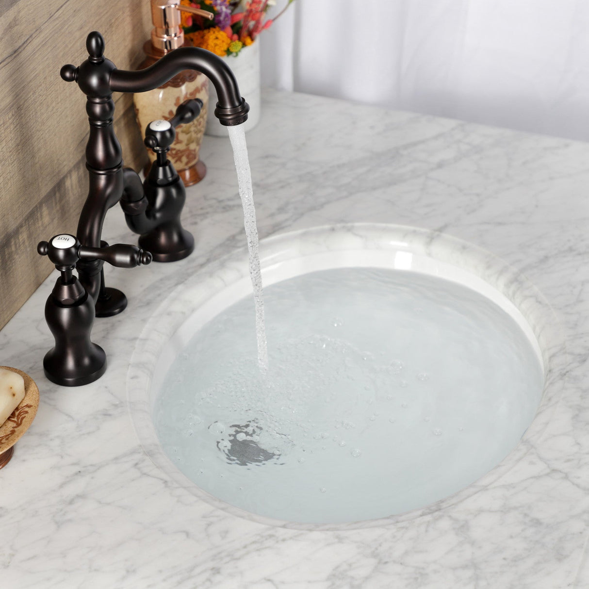 Tudor KS7975TAL Two-Handle 3-Hole Deck Mount Bridge Bathroom Faucet with Brass Pop-Up, Oil Rubbed Bronze