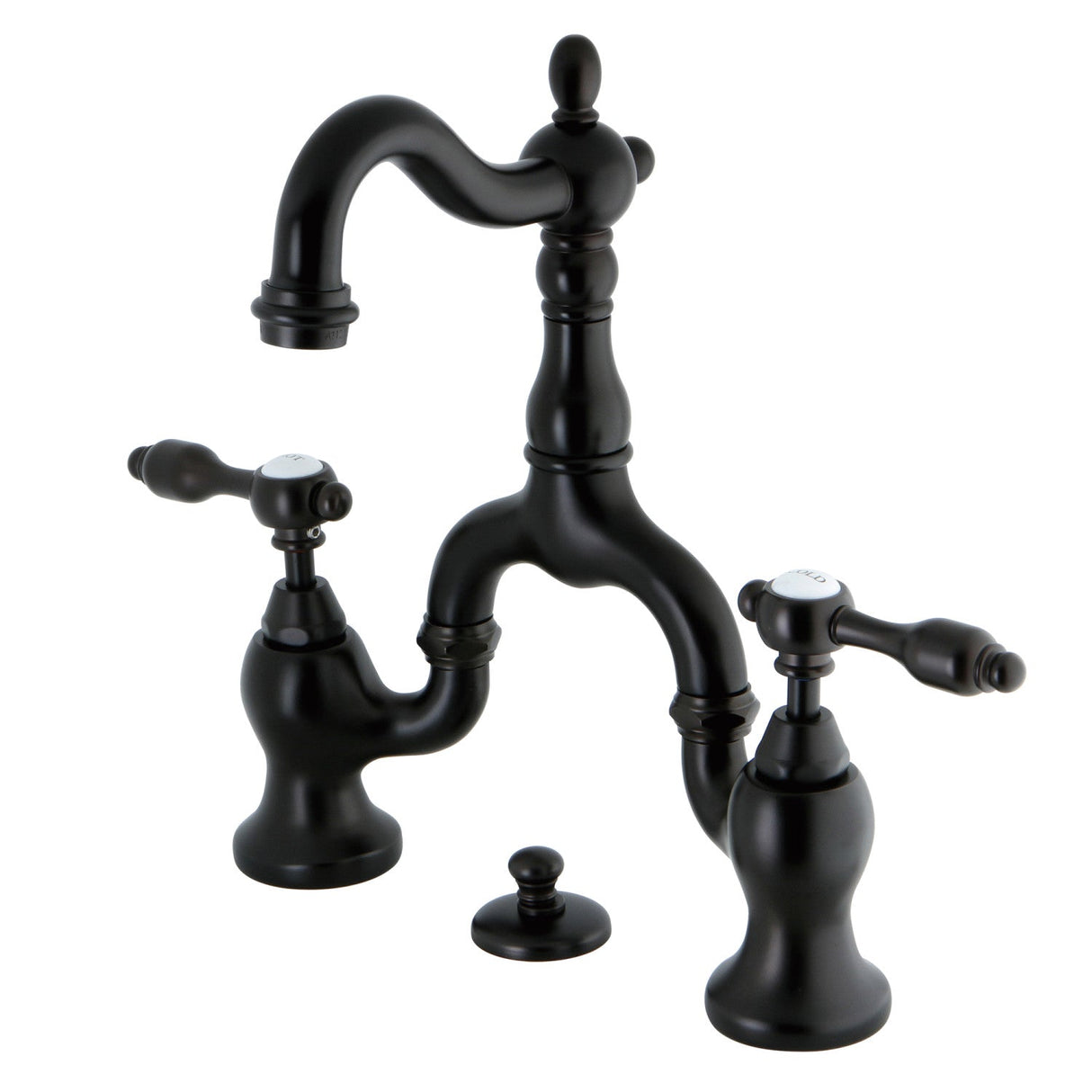 Tudor KS7975TAL Two-Handle 3-Hole Deck Mount Bridge Bathroom Faucet with Brass Pop-Up, Oil Rubbed Bronze