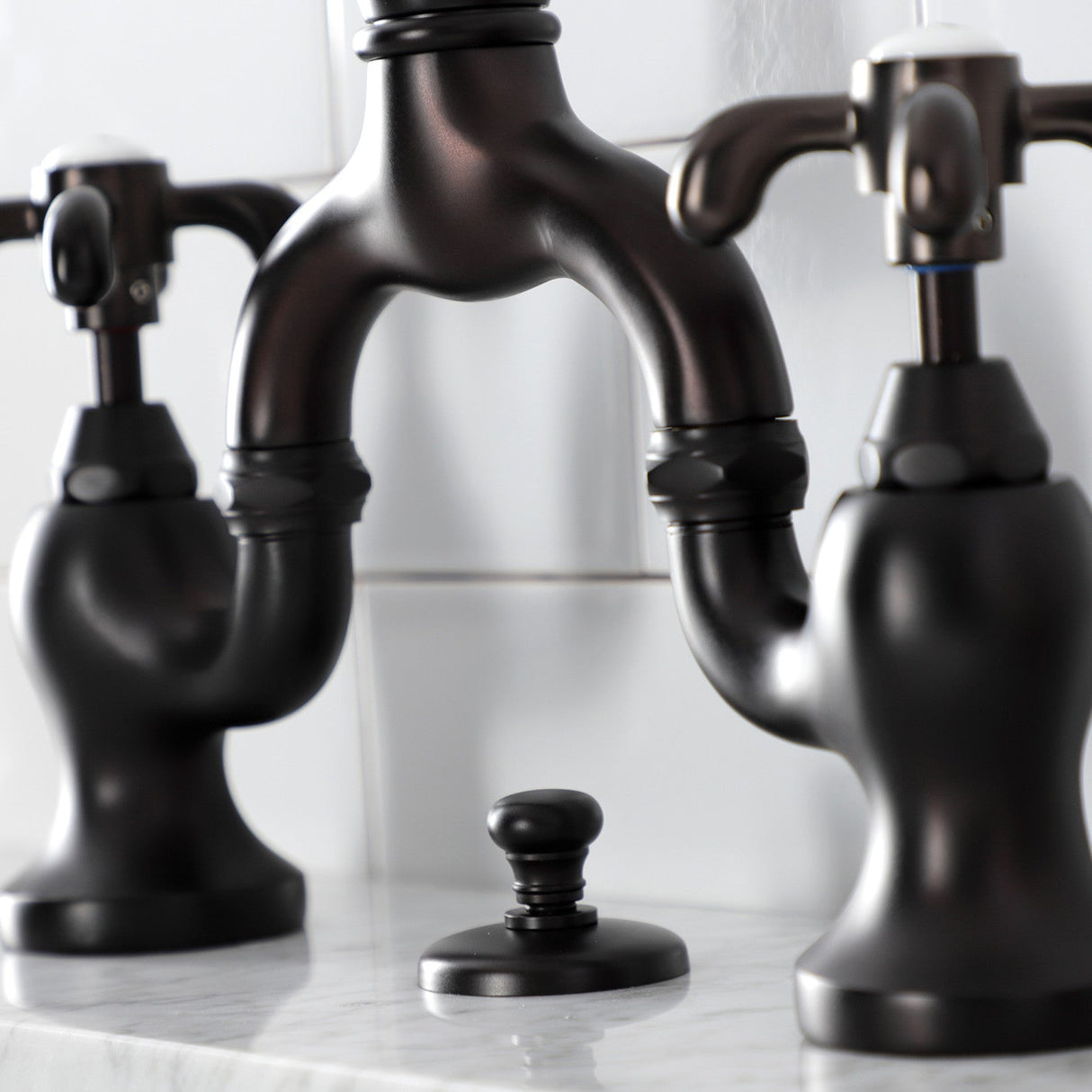 French Country KS7975TX Two-Handle 3-Hole Deck Mount Bridge Bathroom Faucet with Brass Pop-Up, Oil Rubbed Bronze