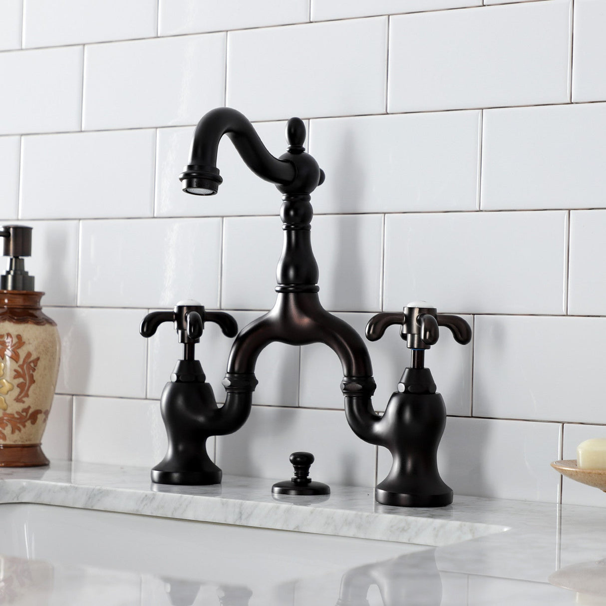 French Country KS7975TX Two-Handle 3-Hole Deck Mount Bridge Bathroom Faucet with Brass Pop-Up, Oil Rubbed Bronze