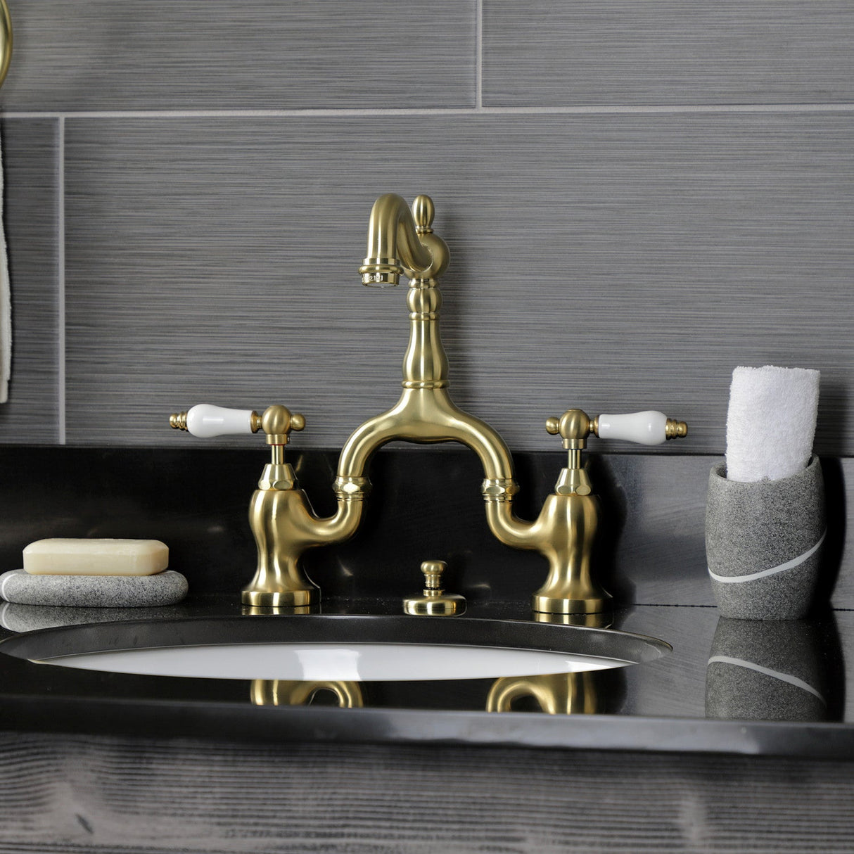 English Country KS7977PL Two-Handle 3-Hole Deck Mount Bridge Bathroom Faucet with Brass Pop-Up, Brushed Brass