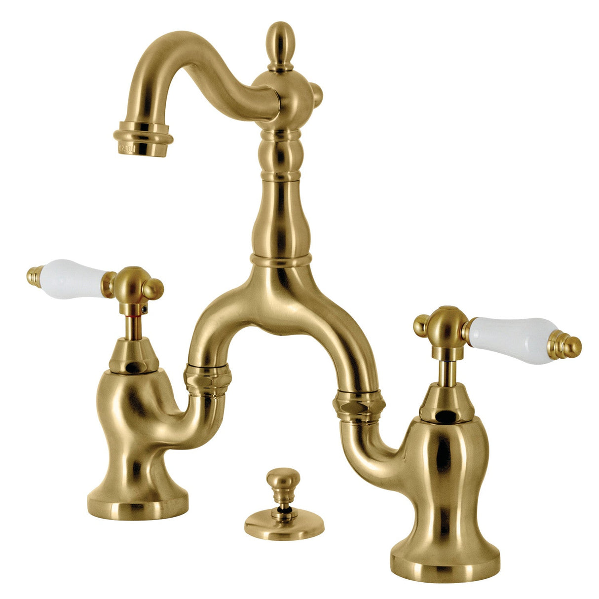 English Country KS7977PL Two-Handle 3-Hole Deck Mount Bridge Bathroom Faucet with Brass Pop-Up, Brushed Brass