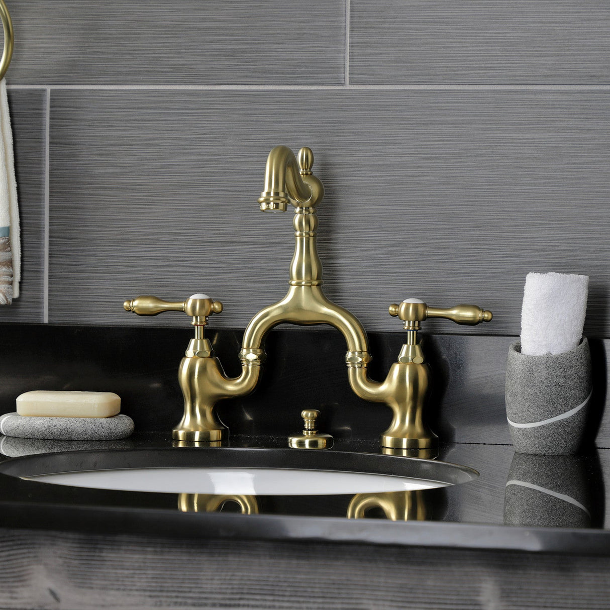 Tudor KS7977TAL Two-Handle 3-Hole Deck Mount Bridge Bathroom Faucet with Brass Pop-Up, Brushed Brass