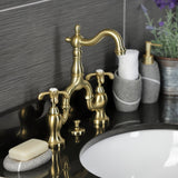 French Country KS7977TX Two-Handle 3-Hole Deck Mount Bridge Bathroom Faucet with Brass Pop-Up, Brushed Brass