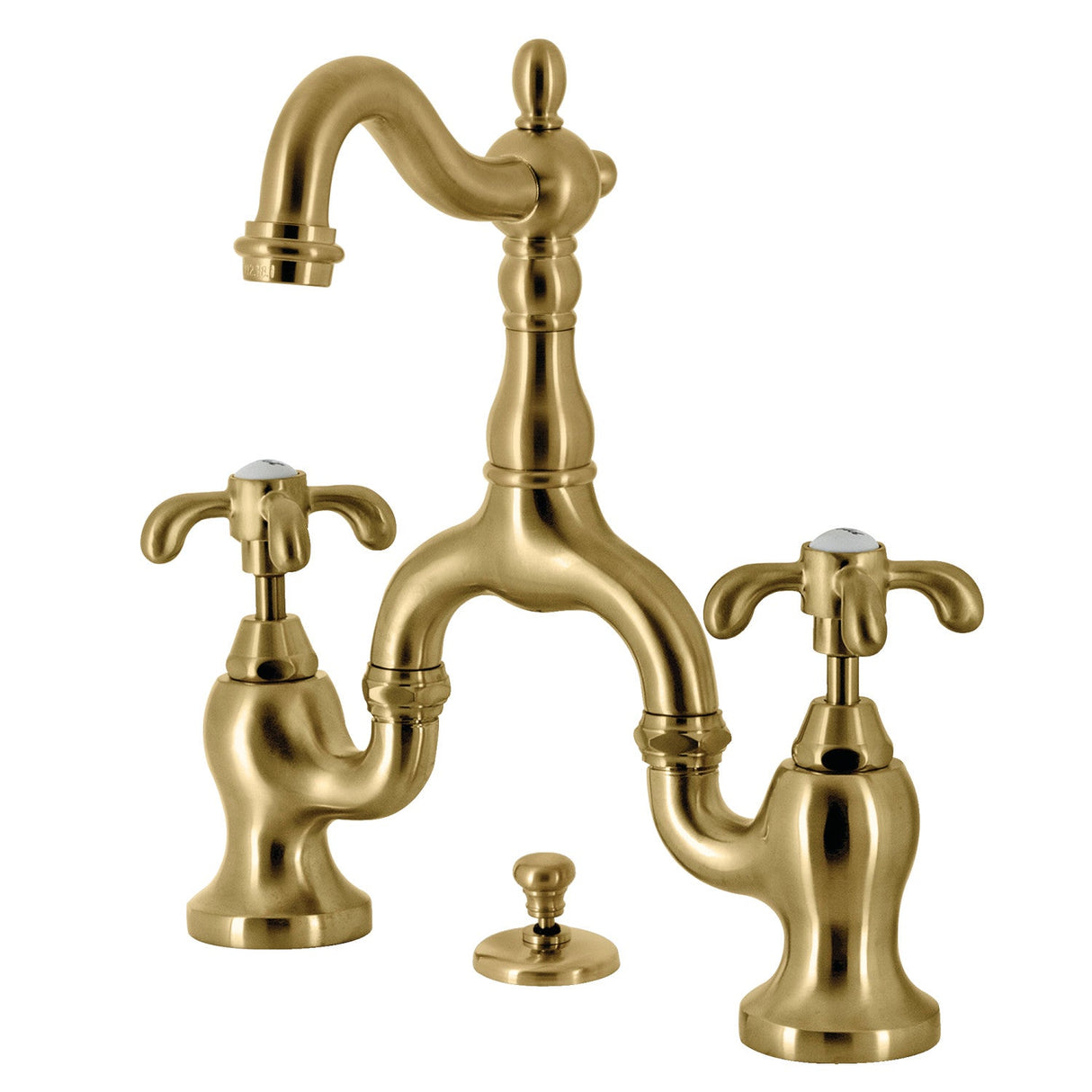 French Country KS7977TX Two-Handle 3-Hole Deck Mount Bridge Bathroom Faucet with Brass Pop-Up, Brushed Brass