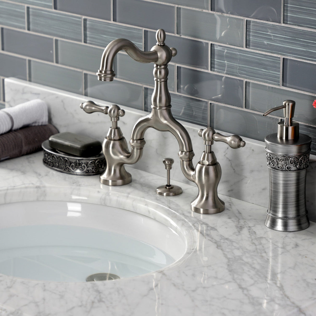 English Country KS7978AL Two-Handle 3-Hole Deck Mount Bridge Bathroom Faucet with Brass Pop-Up, Brushed Nickel