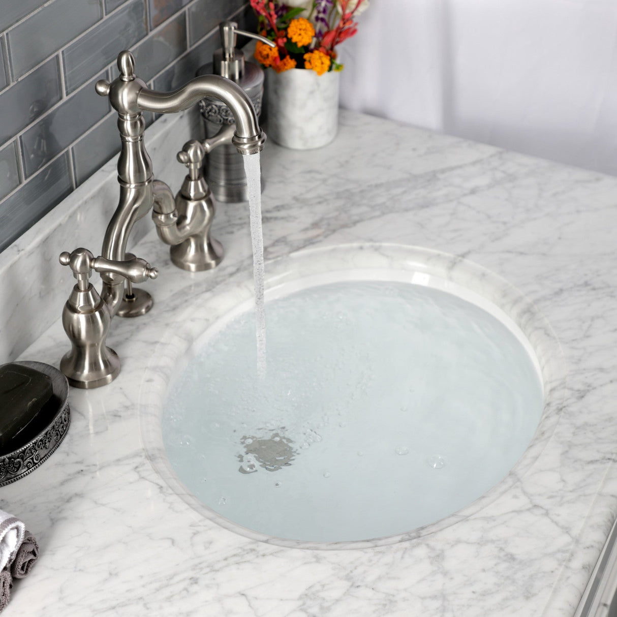 English Country KS7978AL Two-Handle 3-Hole Deck Mount Bridge Bathroom Faucet with Brass Pop-Up, Brushed Nickel