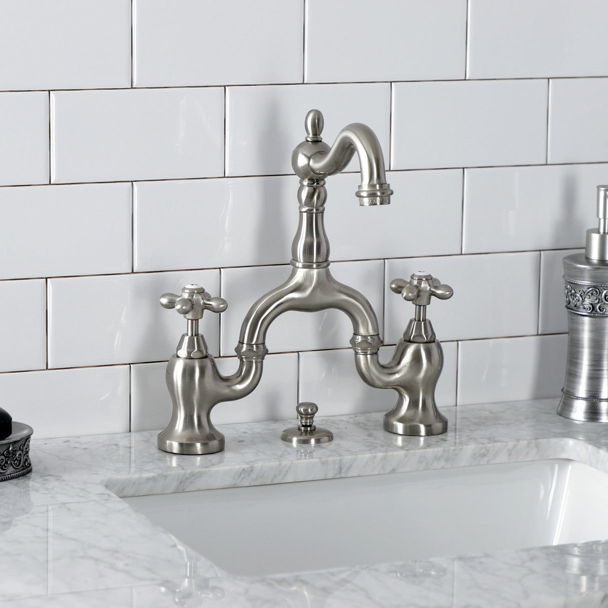 English Country KS7978AX Two-Handle 3-Hole Deck Mount Bridge Bathroom Faucet with Brass Pop-Up, Brushed Nickel