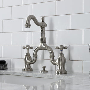 English Country KS7978AX Two-Handle 3-Hole Deck Mount Bridge Bathroom Faucet with Brass Pop-Up, Brushed Nickel