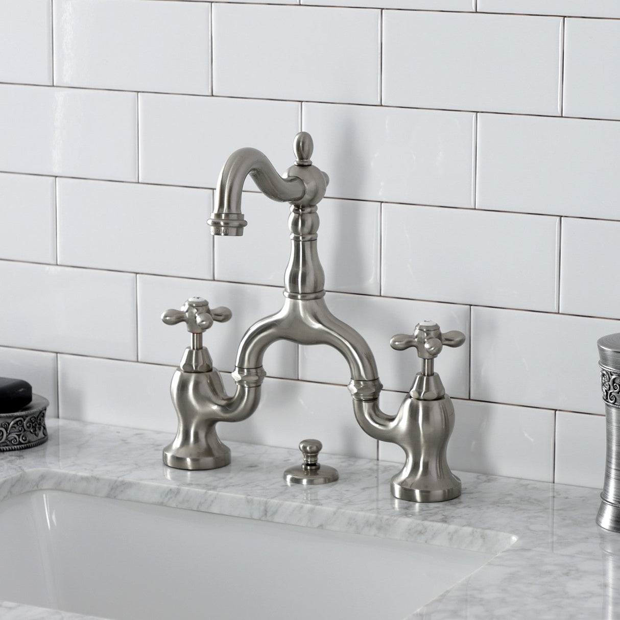 English Country KS7978AX Two-Handle 3-Hole Deck Mount Bridge Bathroom Faucet with Brass Pop-Up, Brushed Nickel