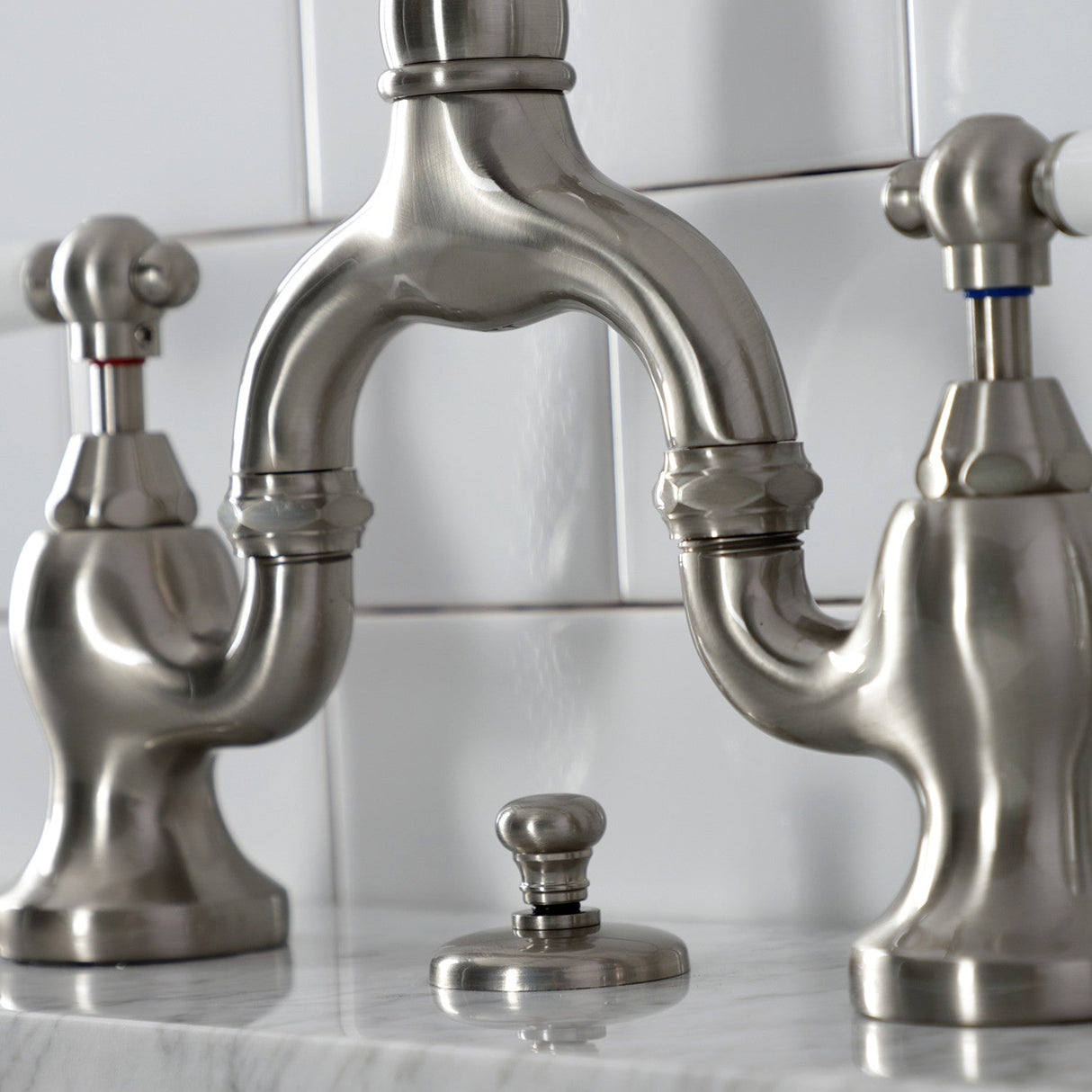 English Country KS7978PL Two-Handle 3-Hole Deck Mount Bridge Bathroom Faucet with Brass Pop-Up, Brushed Nickel