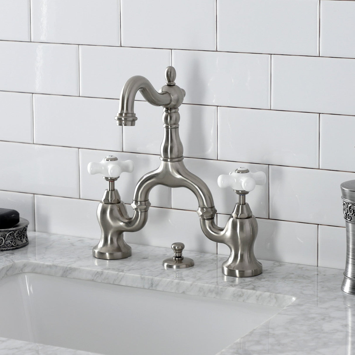 English Country KS7978PX Two-Handle 3-Hole Deck Mount Bridge Bathroom Faucet with Brass Pop-Up, Brushed Nickel