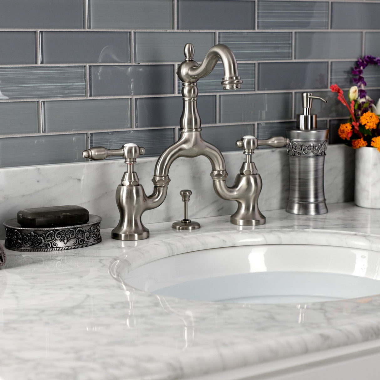 Tudor KS7978TAL Two-Handle 3-Hole Deck Mount Bridge Bathroom Faucet with Brass Pop-Up, Brushed Nickel