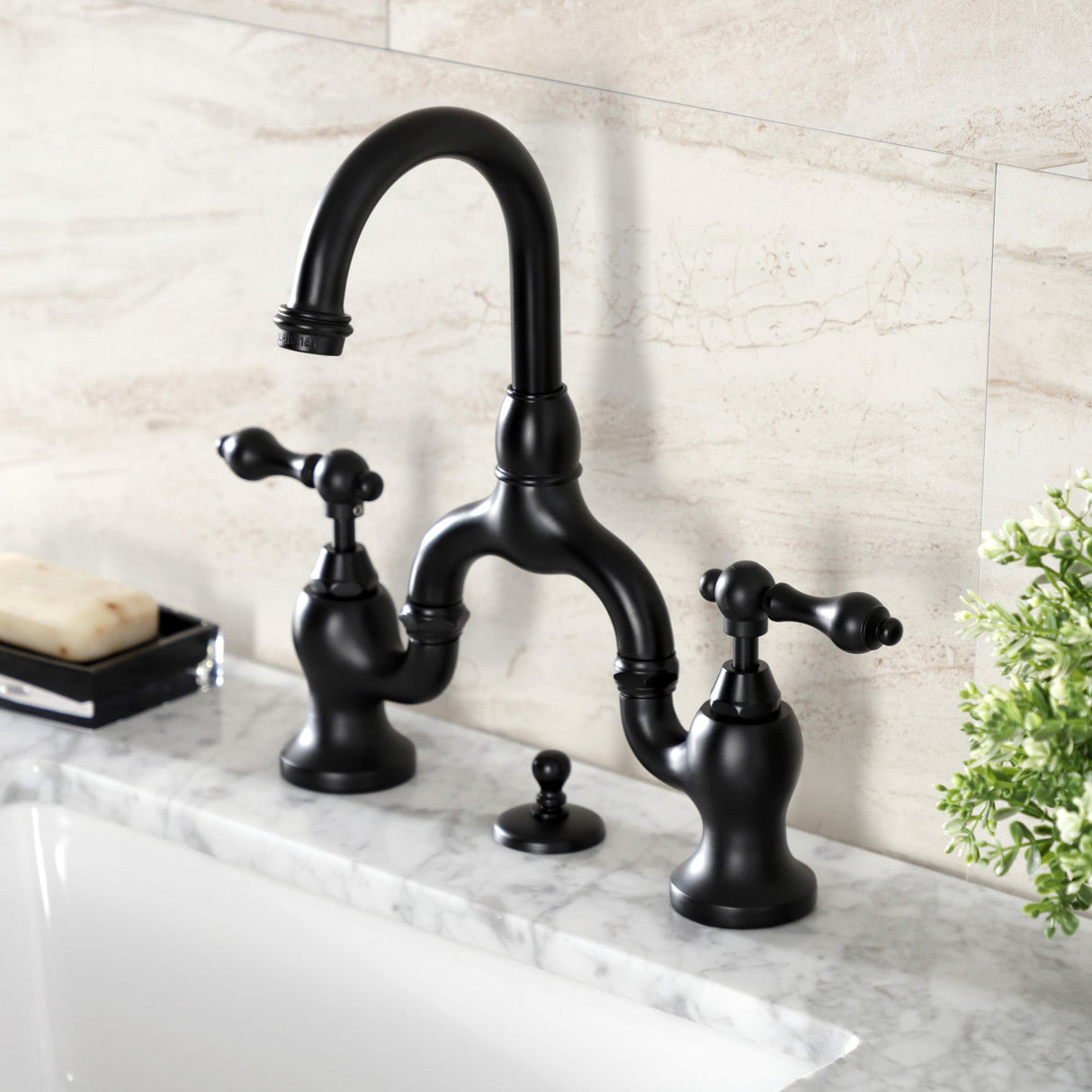 English Country KS7990AL Two-Handle 3-Hole Deck Mount Bridge Bathroom Faucet with Brass Pop-Up, Matte Black