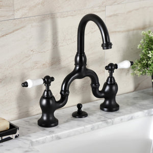 English Country KS7990PL Two-Handle 3-Hole Deck Mount Bridge Bathroom Faucet with Brass Pop-Up, Matte Black