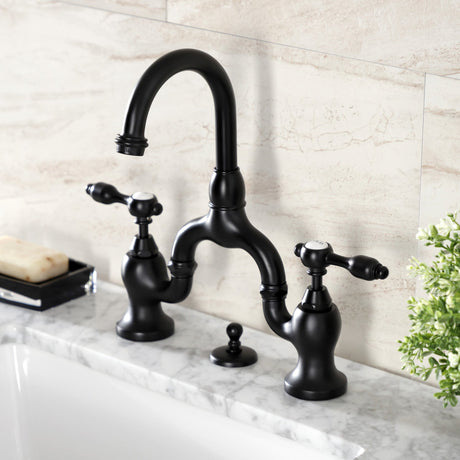 Tudor KS7990TAL Two-Handle 3-Hole Deck Mount Bridge Bathroom Faucet with Brass Pop-Up, Matte Black