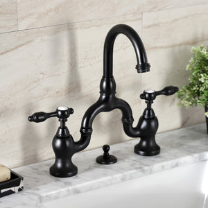 Tudor KS7990TAL Two-Handle 3-Hole Deck Mount Bridge Bathroom Faucet with Brass Pop-Up, Matte Black