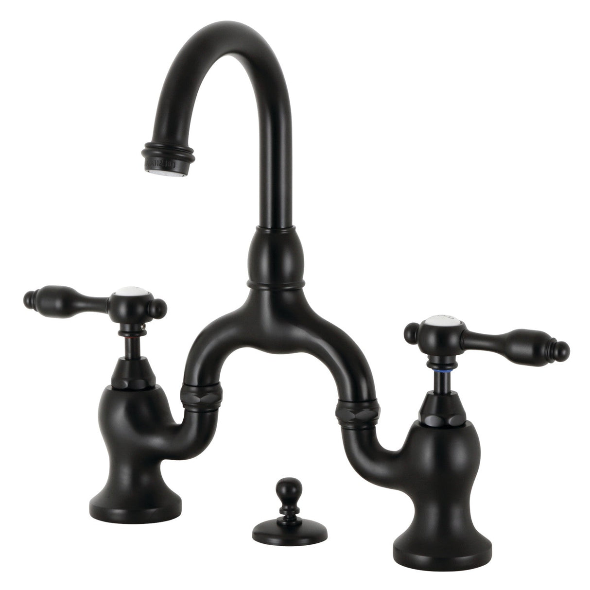 Tudor KS7990TAL Two-Handle 3-Hole Deck Mount Bridge Bathroom Faucet with Brass Pop-Up, Matte Black
