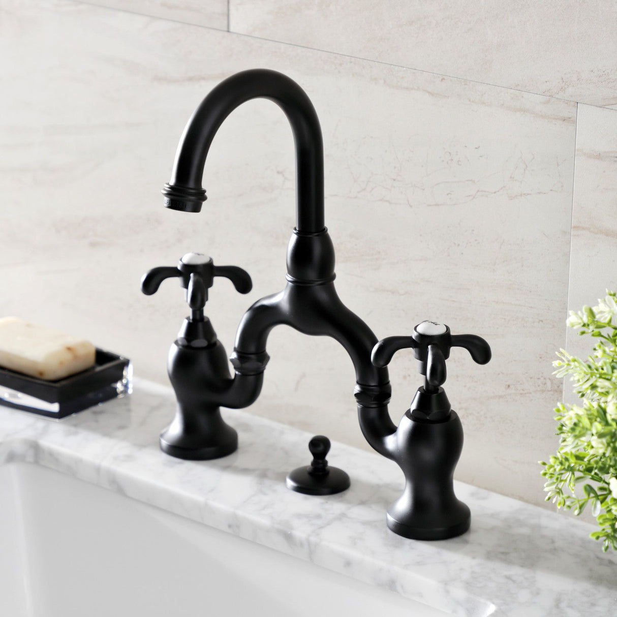 French Country KS7990TX Two-Handle 3-Hole Deck Mount Bridge Bathroom Faucet with Brass Pop-Up, Matte Black