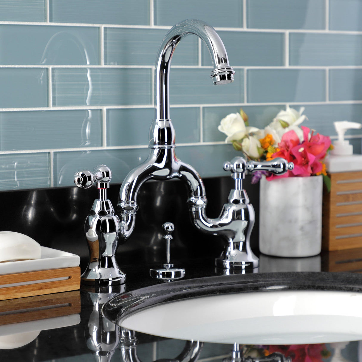 English Country KS7991AL Two-Handle 3-Hole Deck Mount Bridge Bathroom Faucet with Brass Pop-Up, Polished Chrome