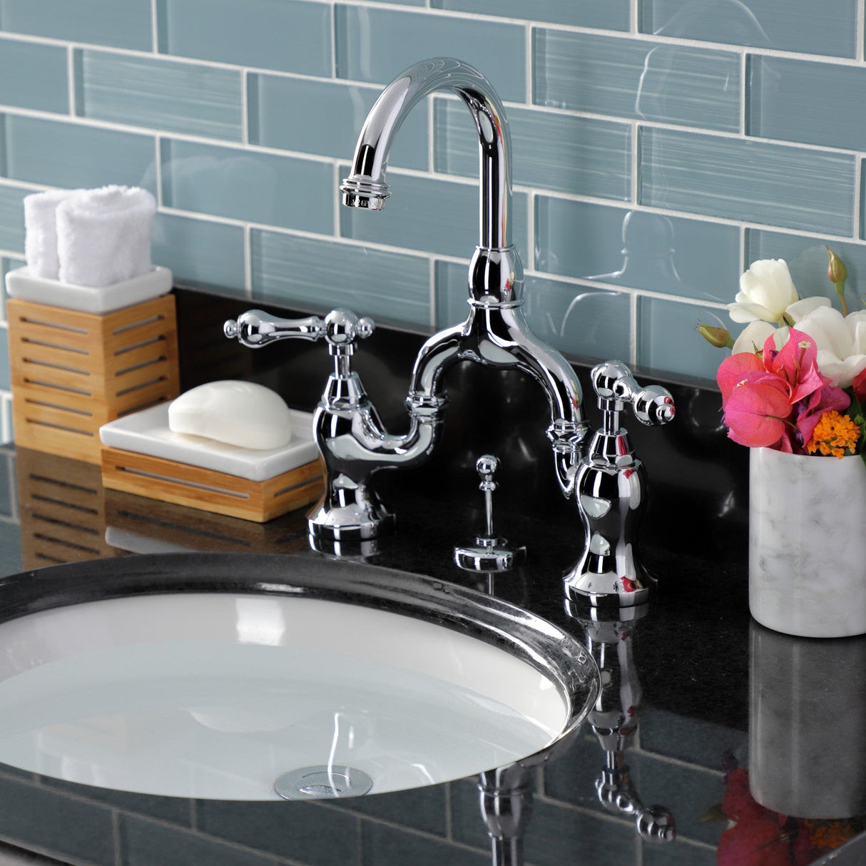 English Country KS7991AL Two-Handle 3-Hole Deck Mount Bridge Bathroom Faucet with Brass Pop-Up, Polished Chrome