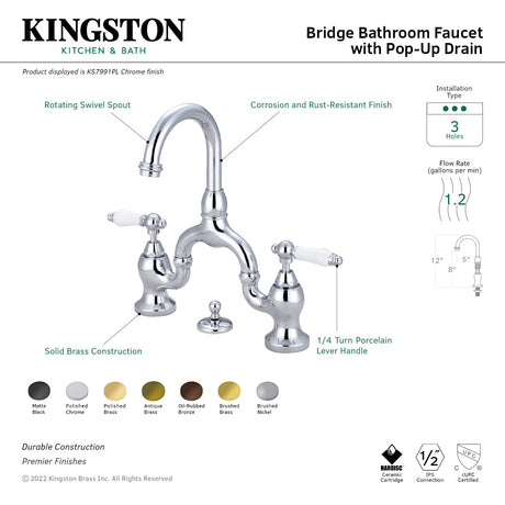 English Country KS7991PL Two-Handle 3-Hole Deck Mount Bridge Bathroom Faucet with Brass Pop-Up, Polished Chrome