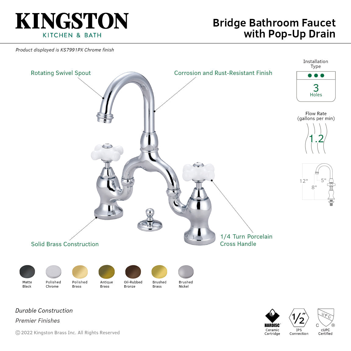 English Country KS7991PX Two-Handle 3-Hole Deck Mount Bridge Bathroom Faucet with Brass Pop-Up, Polished Chrome