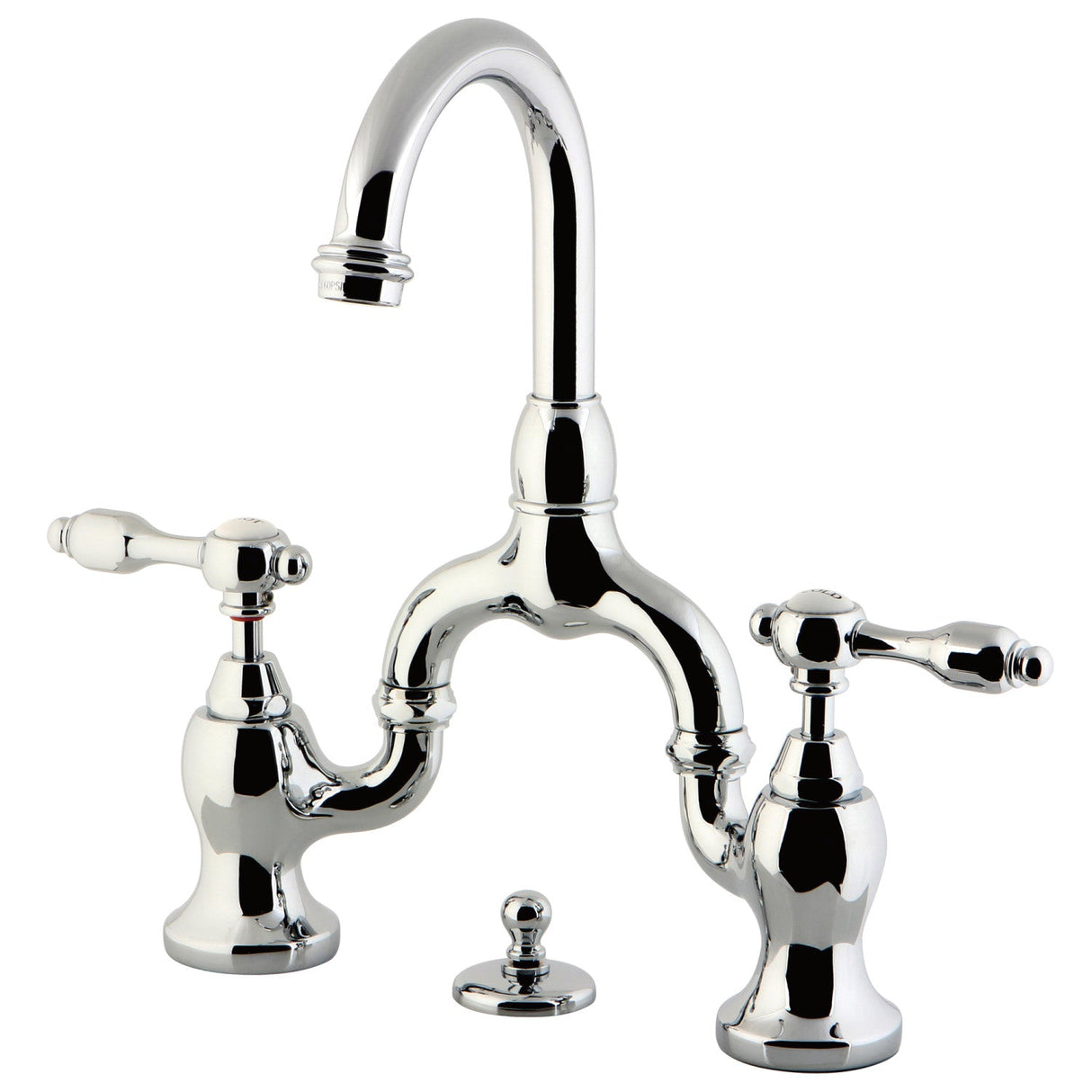 Tudor KS7991TAL Two-Handle 3-Hole Deck Mount Bridge Bathroom Faucet with Brass Pop-Up, Polished Chrome