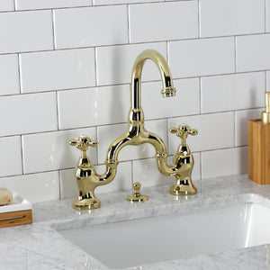English Country KS7992AX Two-Handle 3-Hole Deck Mount Bridge Bathroom Faucet with Brass Pop-Up, Polished Brass