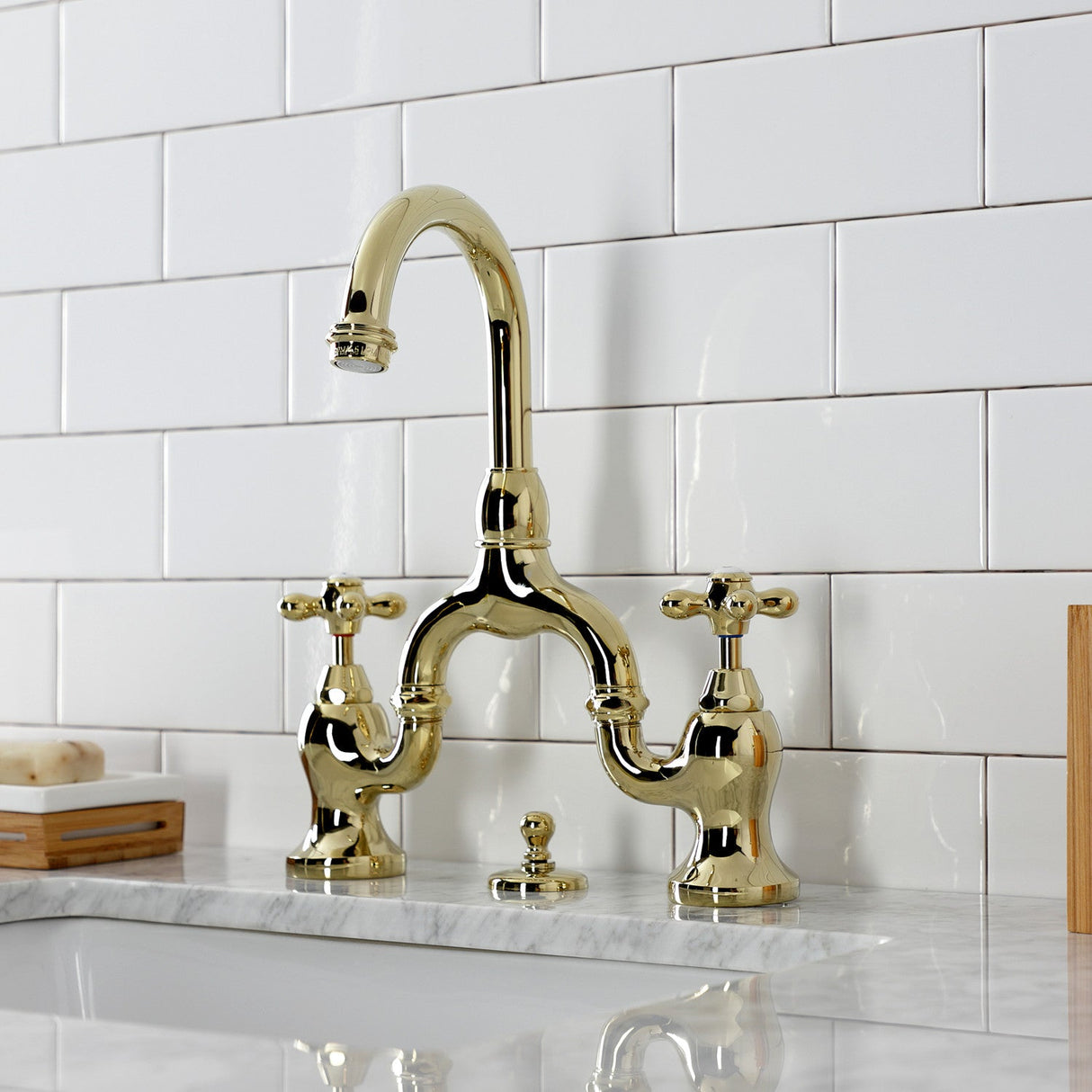 English Country KS7992AX Two-Handle 3-Hole Deck Mount Bridge Bathroom Faucet with Brass Pop-Up, Polished Brass