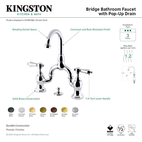 Heirloom KS7992BAL Two-Handle 3-Hole Deck Mount Bridge Bathroom Faucet with Brass Pop-Up, Polished Brass