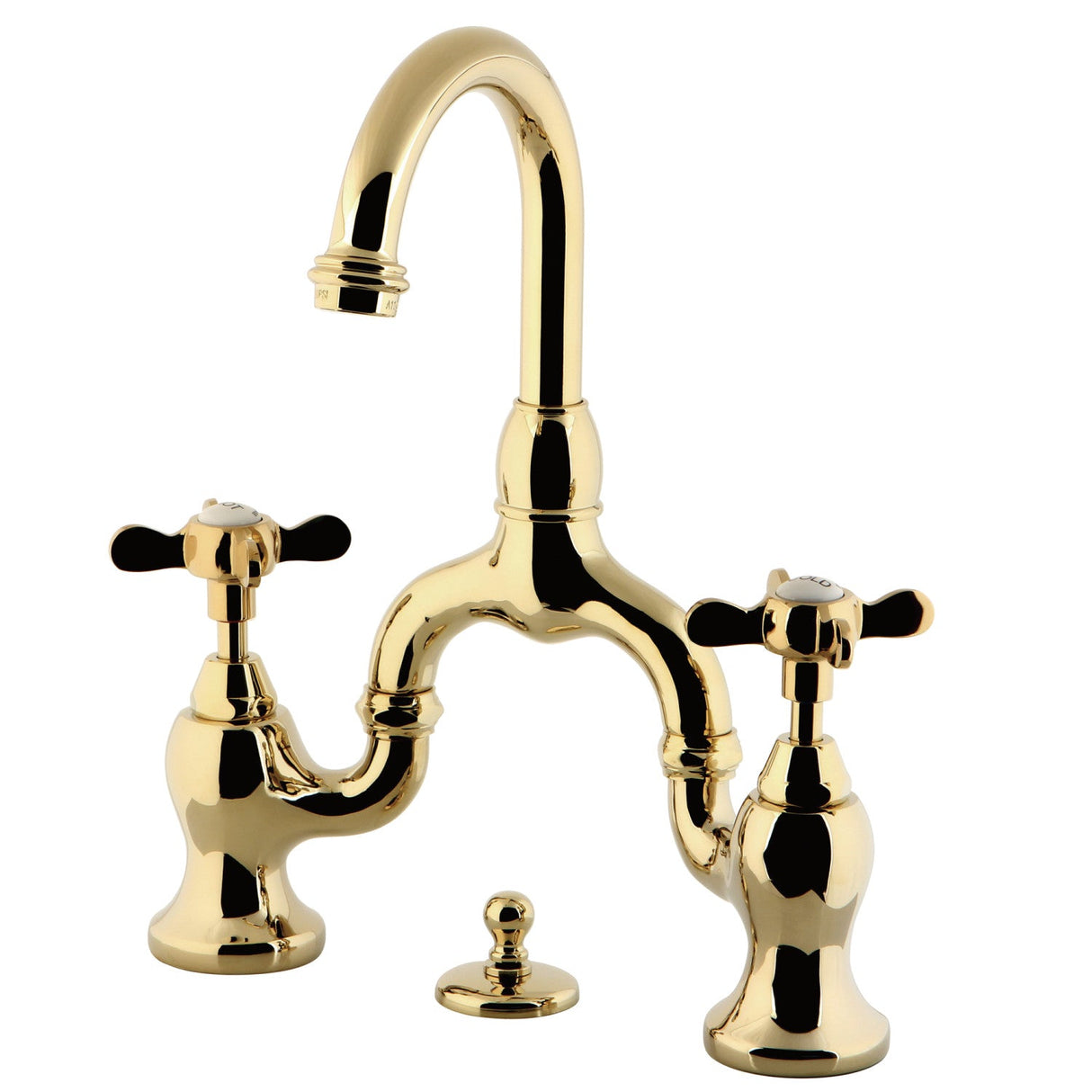 Essex KS7992BEX Two-Handle 3-Hole Deck Mount Bridge Bathroom Faucet with Brass Pop-Up, Polished Brass