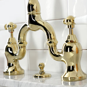 English Country KS7992PL Two-Handle 3-Hole Deck Mount Bridge Bathroom Faucet with Brass Pop-Up, Polished Brass
