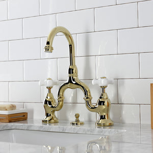 English Country KS7992PX Two-Handle 3-Hole Deck Mount Bridge Bathroom Faucet with Brass Pop-Up, Polished Brass
