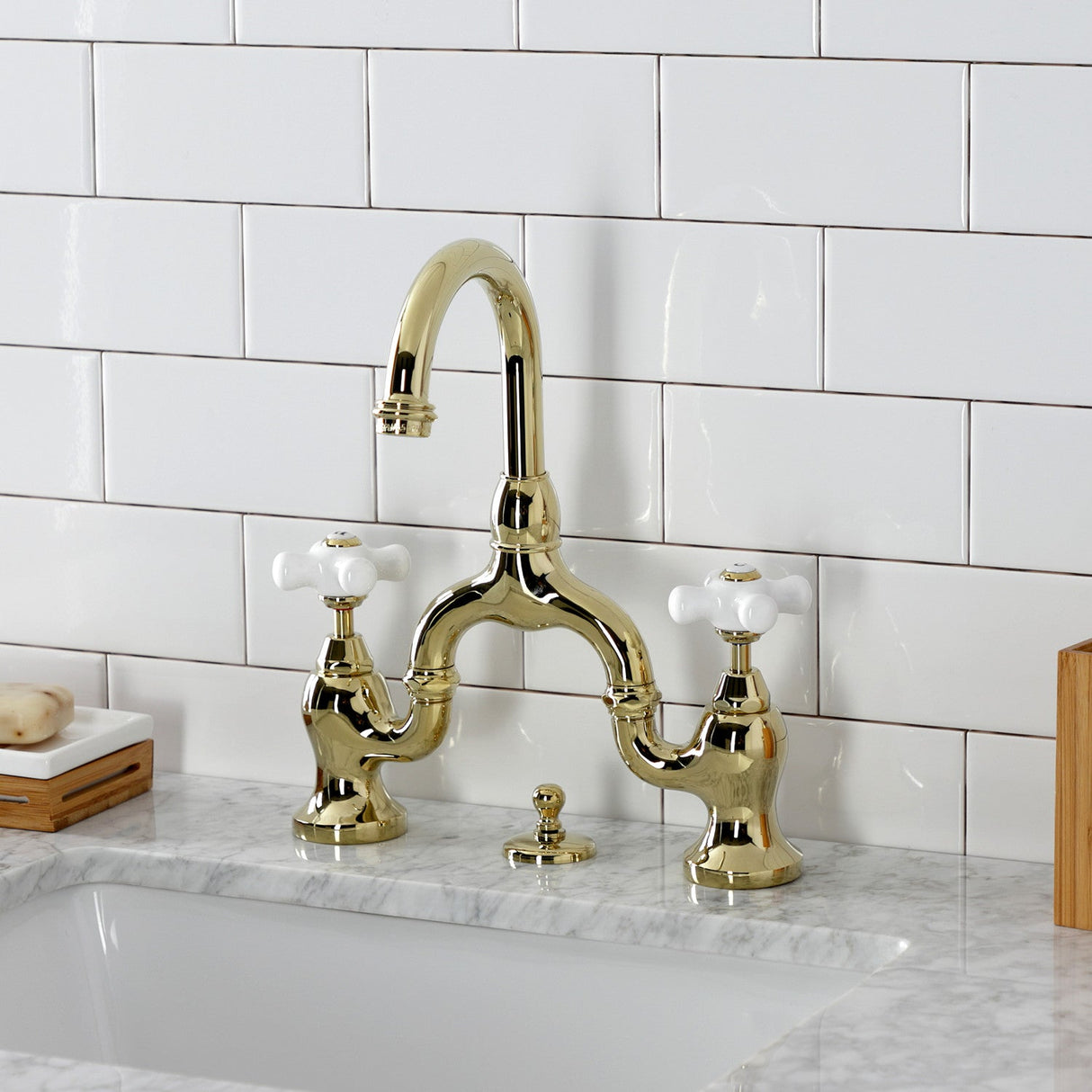English Country KS7992PX Two-Handle 3-Hole Deck Mount Bridge Bathroom Faucet with Brass Pop-Up, Polished Brass