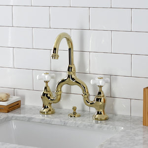 English Country KS7992PX Two-Handle 3-Hole Deck Mount Bridge Bathroom Faucet with Brass Pop-Up, Polished Brass