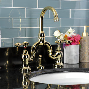 Tudor KS7992TAL Two-Handle 3-Hole Deck Mount Bridge Bathroom Faucet with Brass Pop-Up, Polished Brass