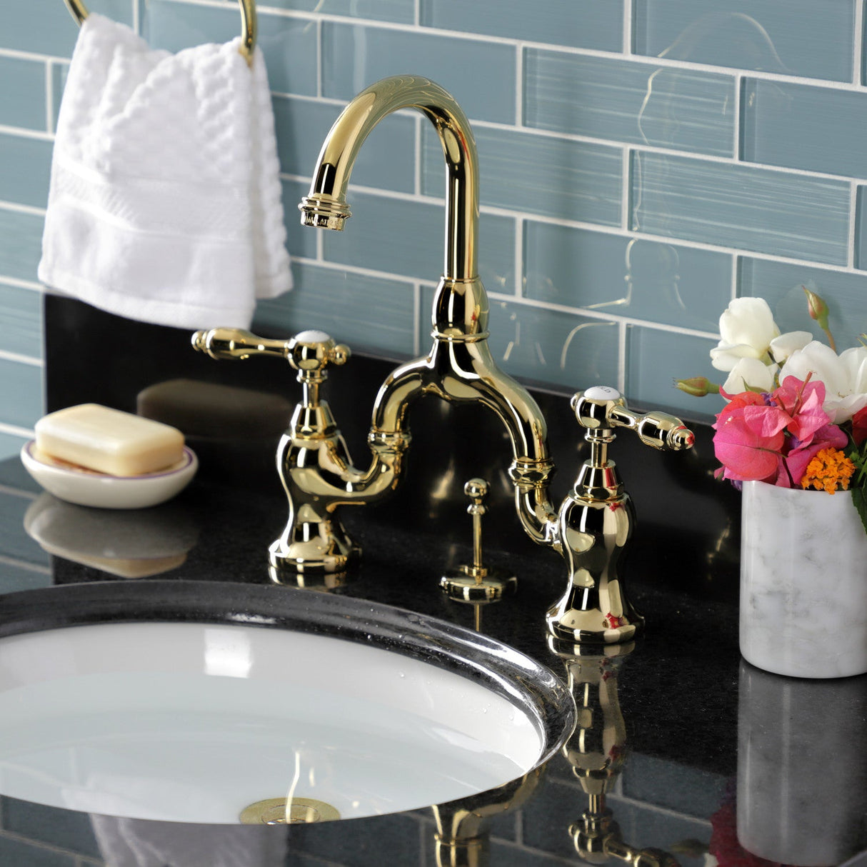 Tudor KS7992TAL Two-Handle 3-Hole Deck Mount Bridge Bathroom Faucet with Brass Pop-Up, Polished Brass