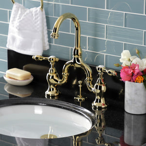 Tudor KS7992TAL Two-Handle 3-Hole Deck Mount Bridge Bathroom Faucet with Brass Pop-Up, Polished Brass