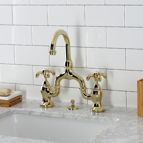 French Country KS7992TX Two-Handle 3-Hole Deck Mount Bridge Bathroom Faucet with Brass Pop-Up, Polished Brass