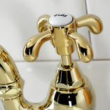 French Country KS7992TX Two-Handle 3-Hole Deck Mount Bridge Bathroom Faucet with Brass Pop-Up, Polished Brass