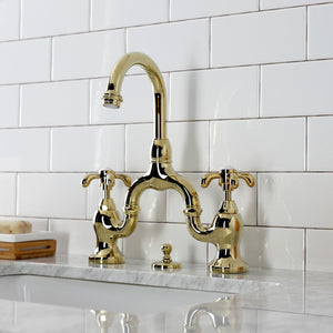 French Country KS7992TX Two-Handle 3-Hole Deck Mount Bridge Bathroom Faucet with Brass Pop-Up, Polished Brass