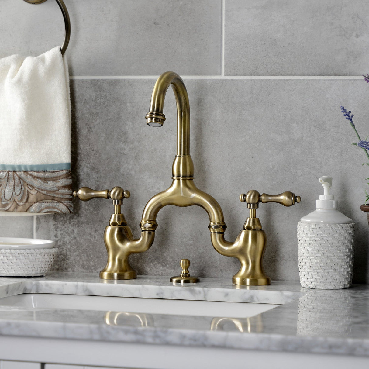 English Country KS7993AL Two-Handle 3-Hole Deck Mount Bridge Bathroom Faucet with Brass Pop-Up, Antique Brass