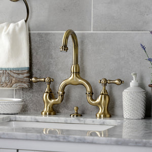 English Country KS7993AL Two-Handle 3-Hole Deck Mount Bridge Bathroom Faucet with Brass Pop-Up, Antique Brass