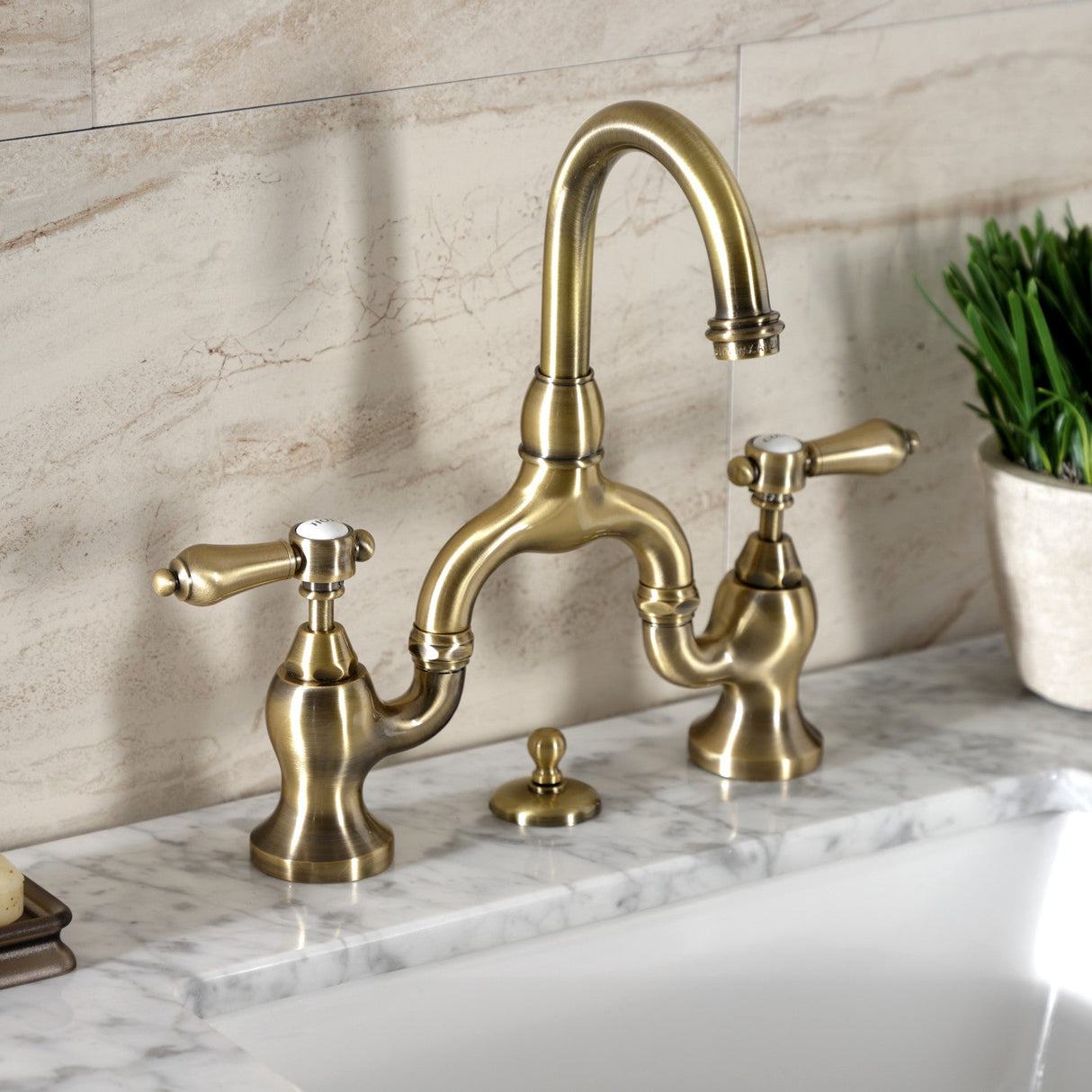 Heirloom KS7993BAL Two-Handle 3-Hole Deck Mount Bridge Bathroom Faucet with Brass Pop-Up, Antique Brass