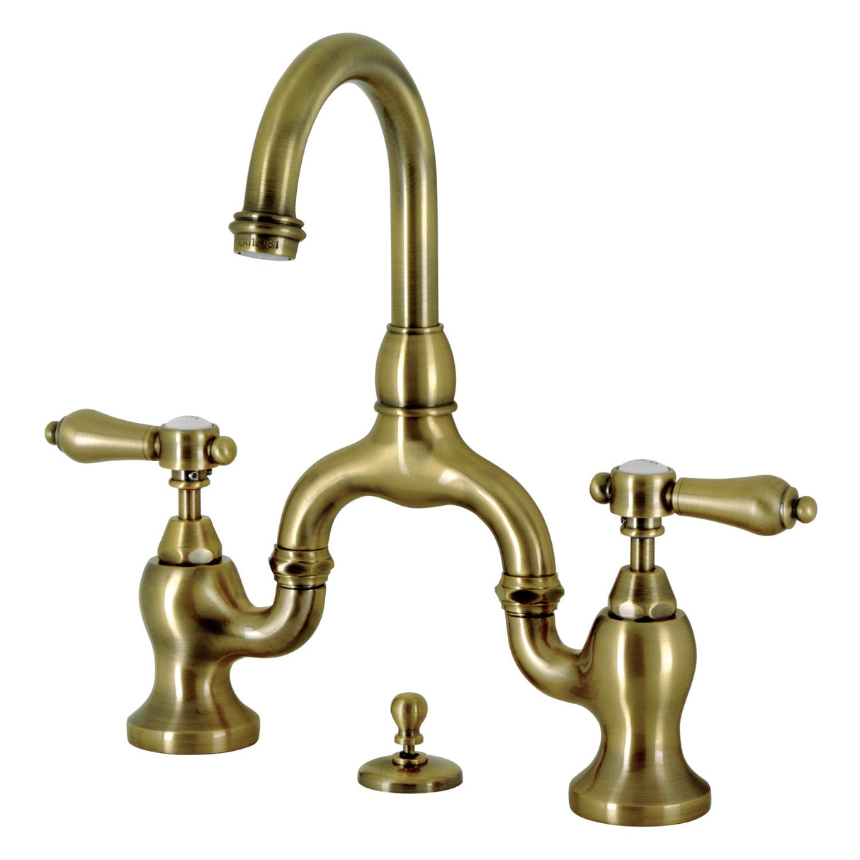 Heirloom KS7993BAL Two-Handle 3-Hole Deck Mount Bridge Bathroom Faucet with Brass Pop-Up, Antique Brass