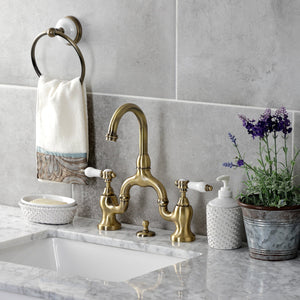 Bel-Air KS7993BPL Two-Handle 3-Hole Deck Mount Bridge Bathroom Faucet with Brass Pop-Up, Antique Brass